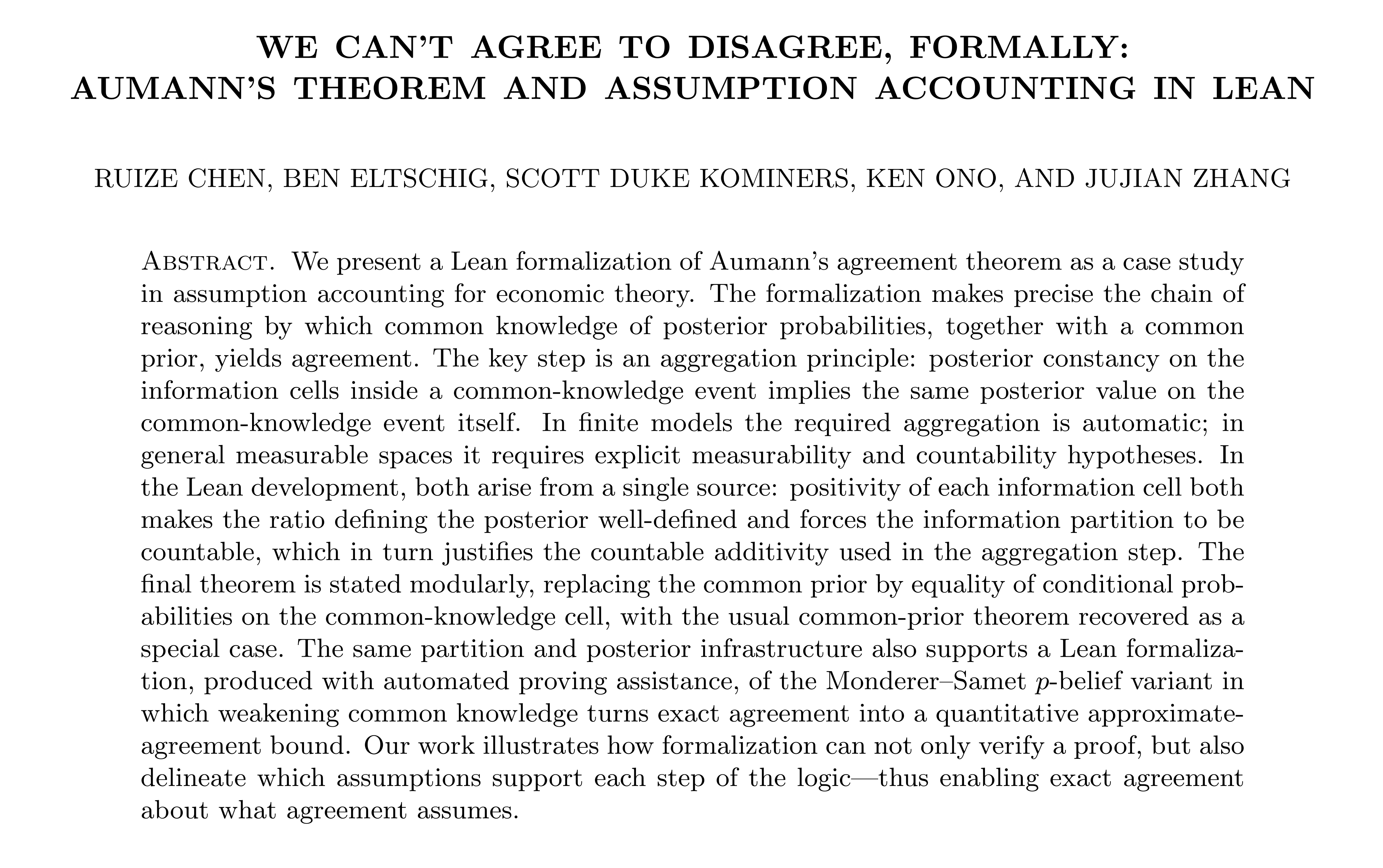 We Can't Agree to Disagree, Formally: Aumann's Theorem and Assumption Accounting in Lean, 2026