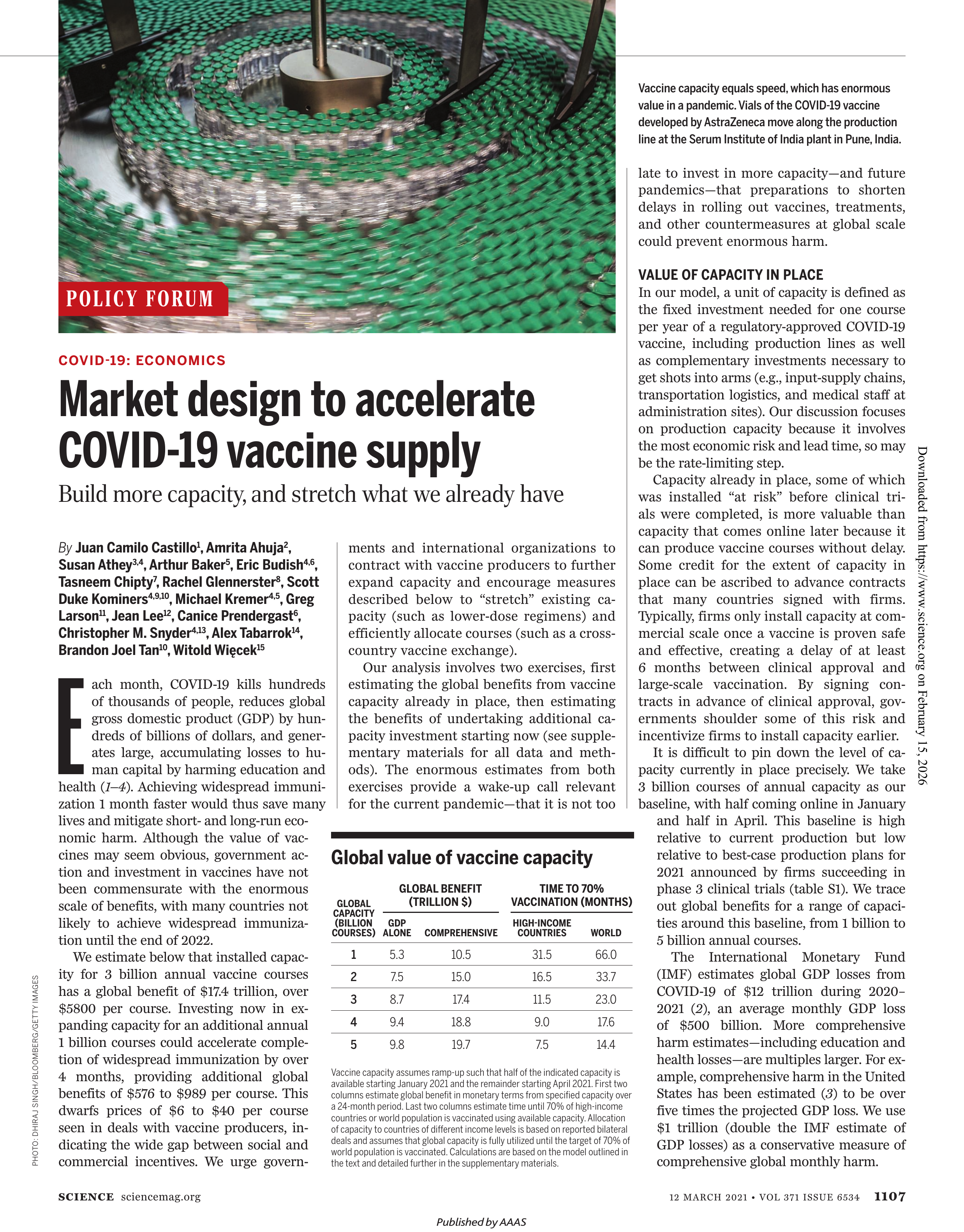 Market design to accelerate COVID-19 vaccine supply, Science, 2021