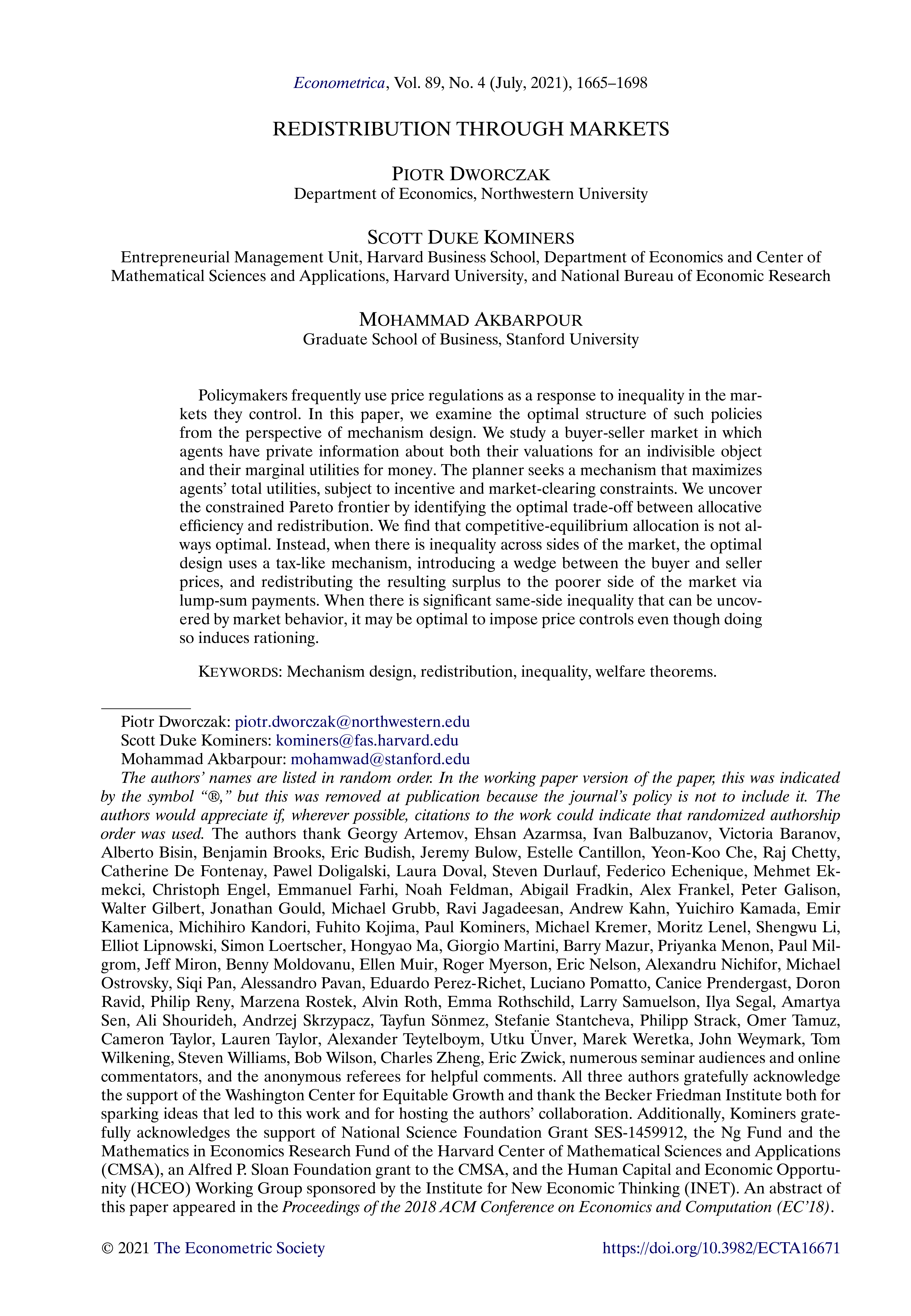 Redistribution through Markets, Econometrica, 2021