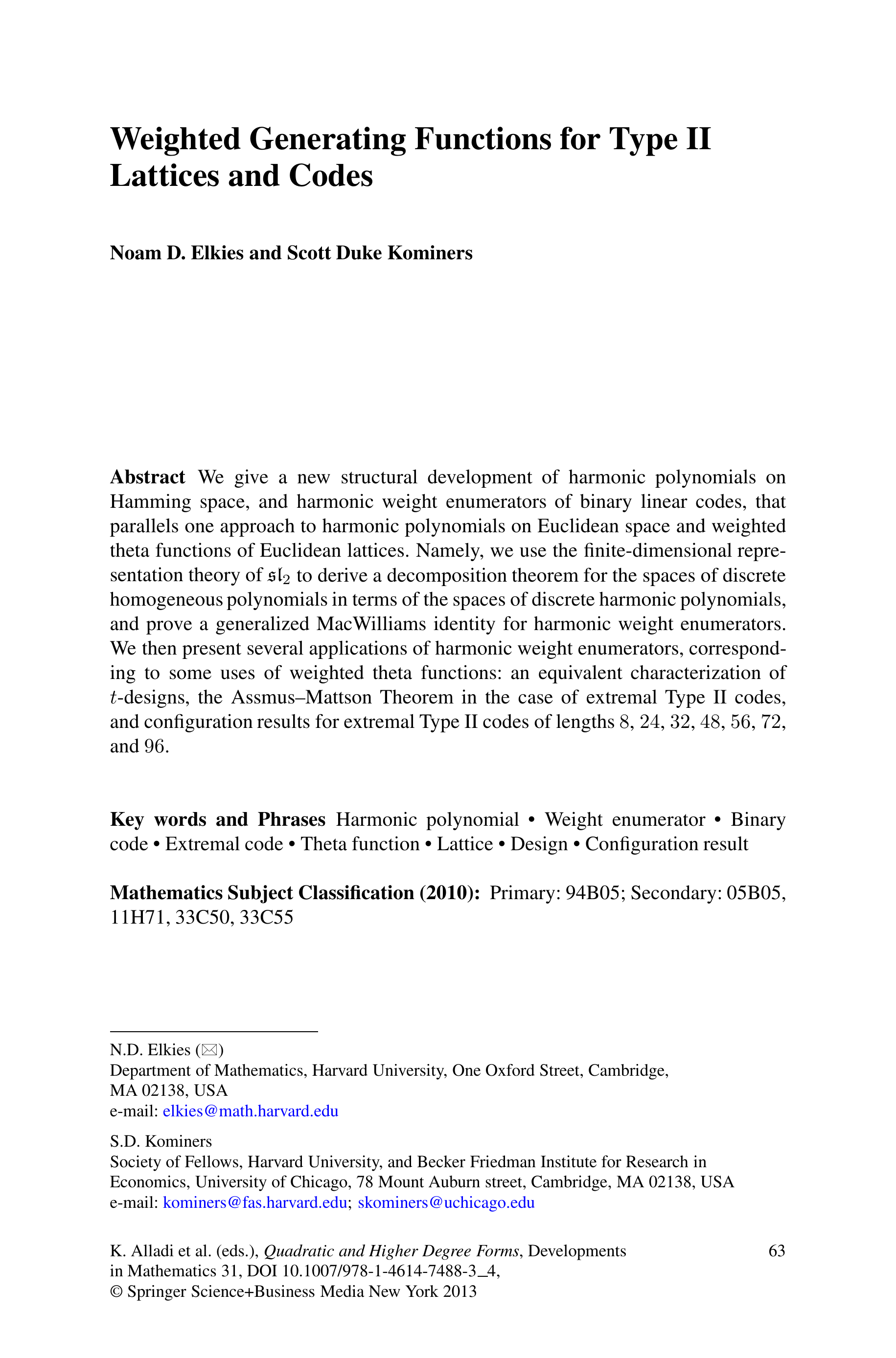 Weighted Generating Functions for Type II Lattices and Codes, Quadratic and Higher Degree Forms, 2013